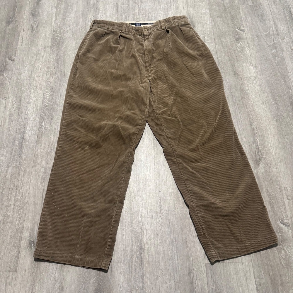 VTG Polo Ralph Lauren Cords Mens 36x29 Brown Pleated Corduroy Wide Leg Pants Tan